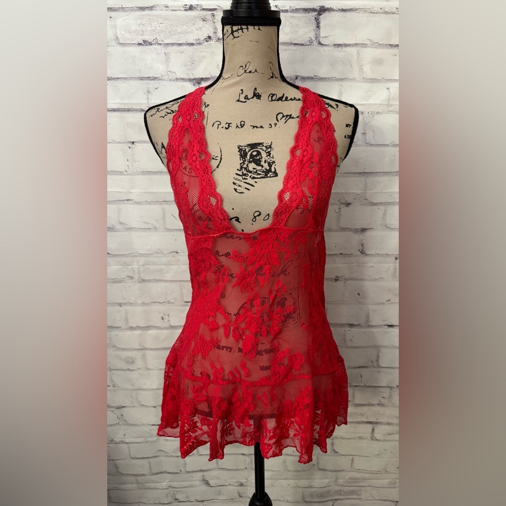 Victoria’s Secret Babydoll Red Stretch Halter Size Med Sheer Sexy Neglige Mesh